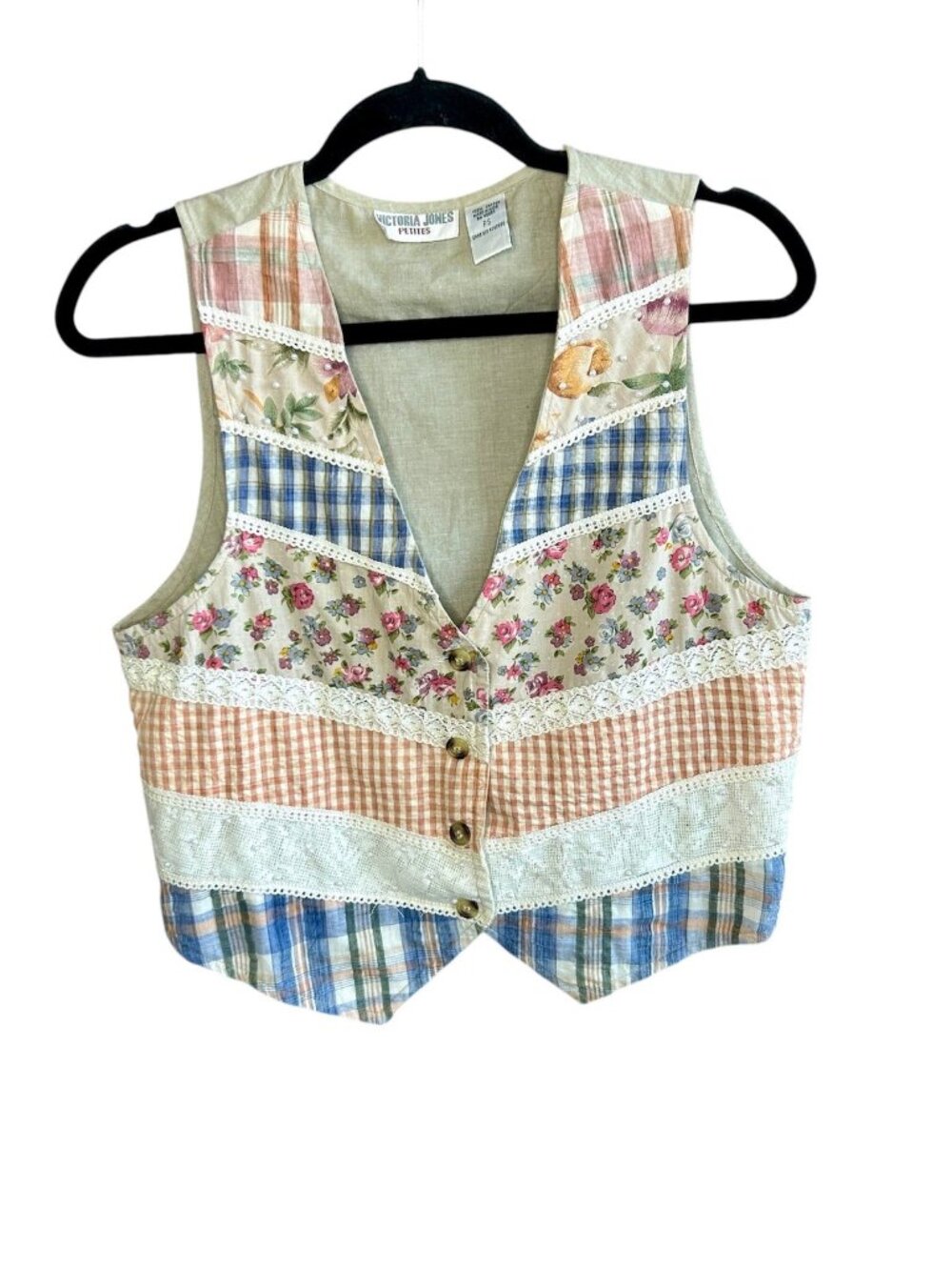 Vintage 90s Vest Patchwork Floral Plaid Check 100% Cotton Victoria Jones - Picture 3 of 10